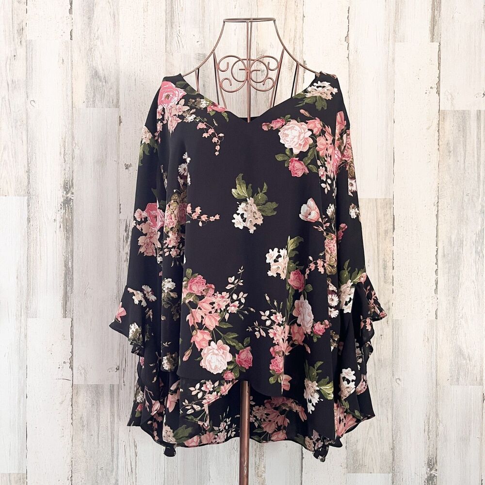 Tahari Black/Pink Floral Boho V-Neck 3/4 Flutter Sleeve Blouse 2X Cruise Office
